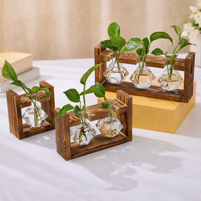 Wooden Hydroponic Planter with Glass Vases